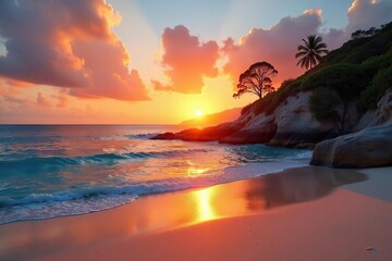 Sunset casts warm glow on secluded cove, soft sand, beach, seascape, solitude