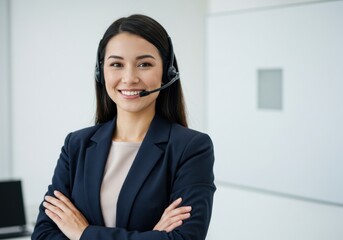 Woman with headset smiles wearing a blazer with arms crossed pose