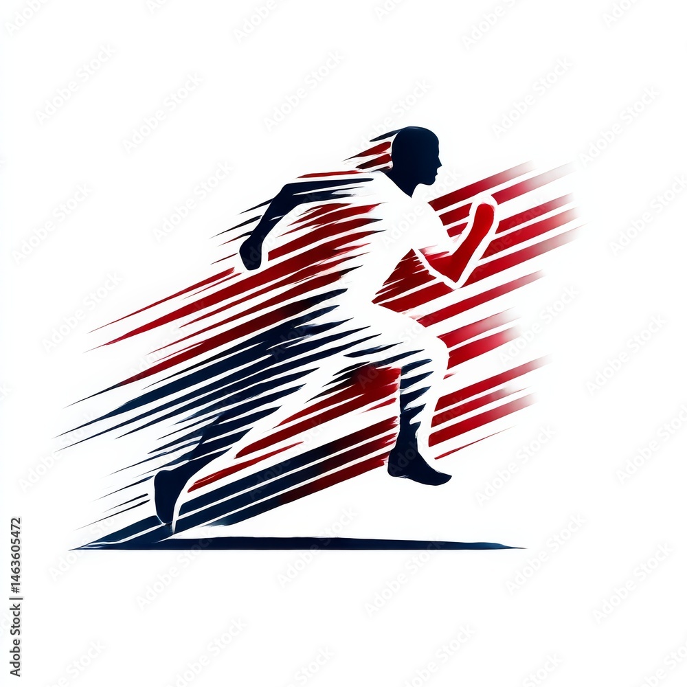 Poster athlete running silhouette with motion blur, abstract red and blue speed lines on white