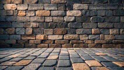 Fototapeta premium Backdrop of old city with brick wall and aged pavement
