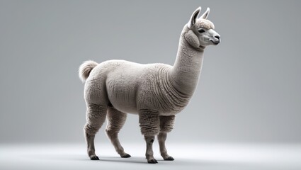 Fototapeta premium Standing alpaca in side profile with medium silver grey color isolated on white