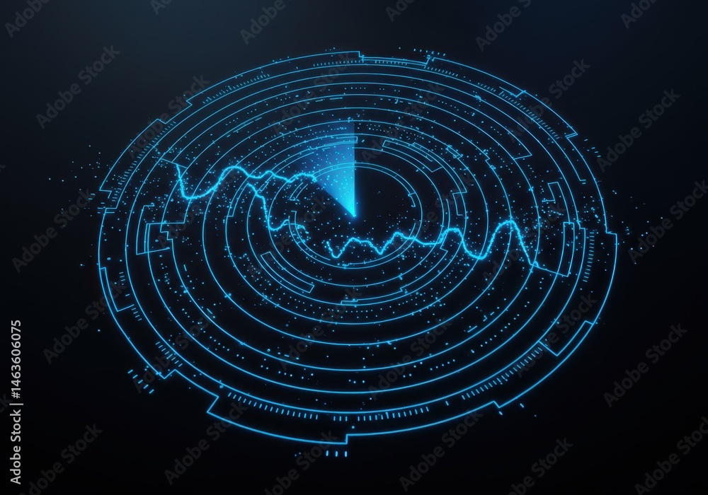 Poster abstract radar screen with blue waveform and circular design against a dark background