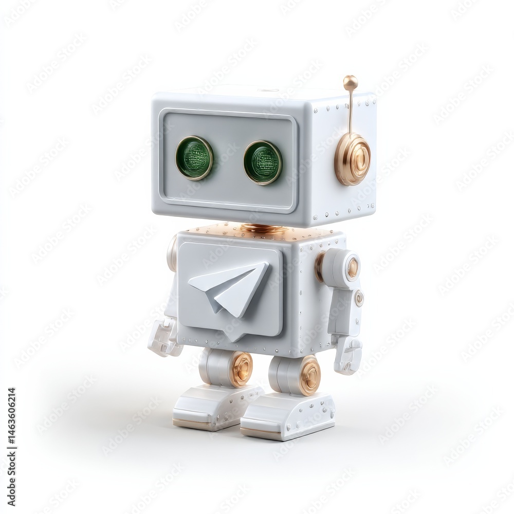 Aufkleber Cute white and gold robot with a paper airplane on its chest standing on a white surface - a playful AI mascot