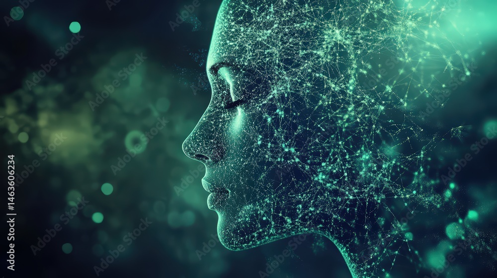 Poster artificial intelligence face with interconnected networks of digital information