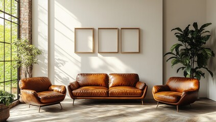 Modern living room scene with leather furniture and empty frames.