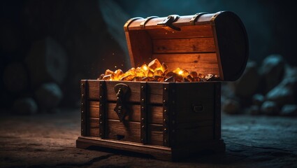 Wooden treasure chest displayed on a backdrop
