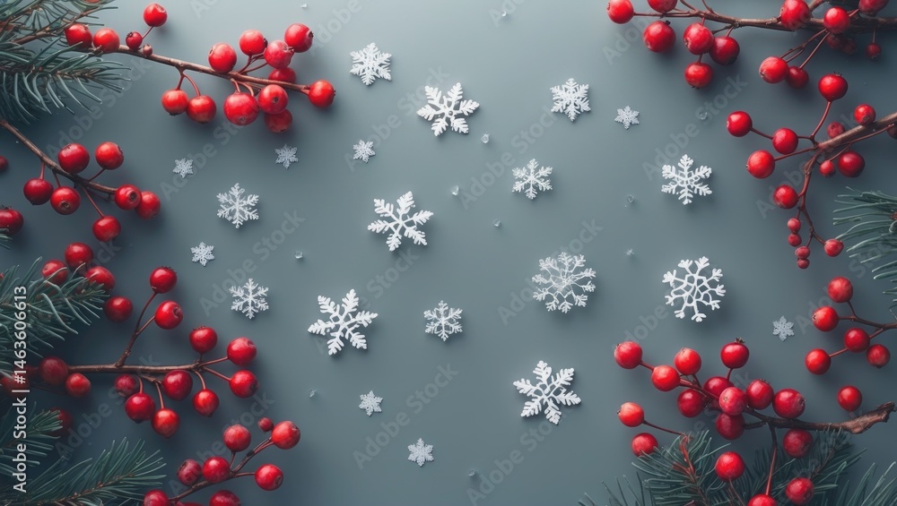 Poster christmas-themed overhead composition featuring snowflakes and berries on a gray backdrop