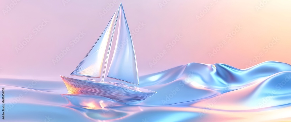 Aufkleber ソフトピンクの空を背景にした銀色の帆船が水面を滑る静かな海のシーンの3dレンダリング