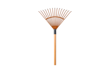 Closeup of a wooden leaf rake with a gray background