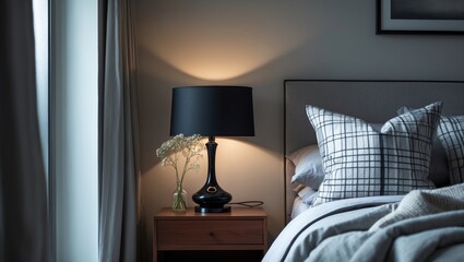 Traditional lamp and vase of flowers on wooden bedside table in bedroom setting