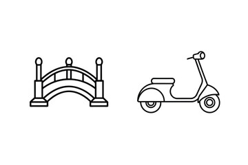 Simple outline drawings of a bridge and a scooter  on white background