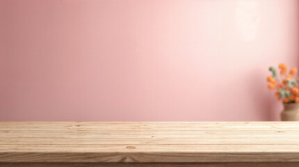 Empty wooden table with blurry baby room background, for design and decoration concepts