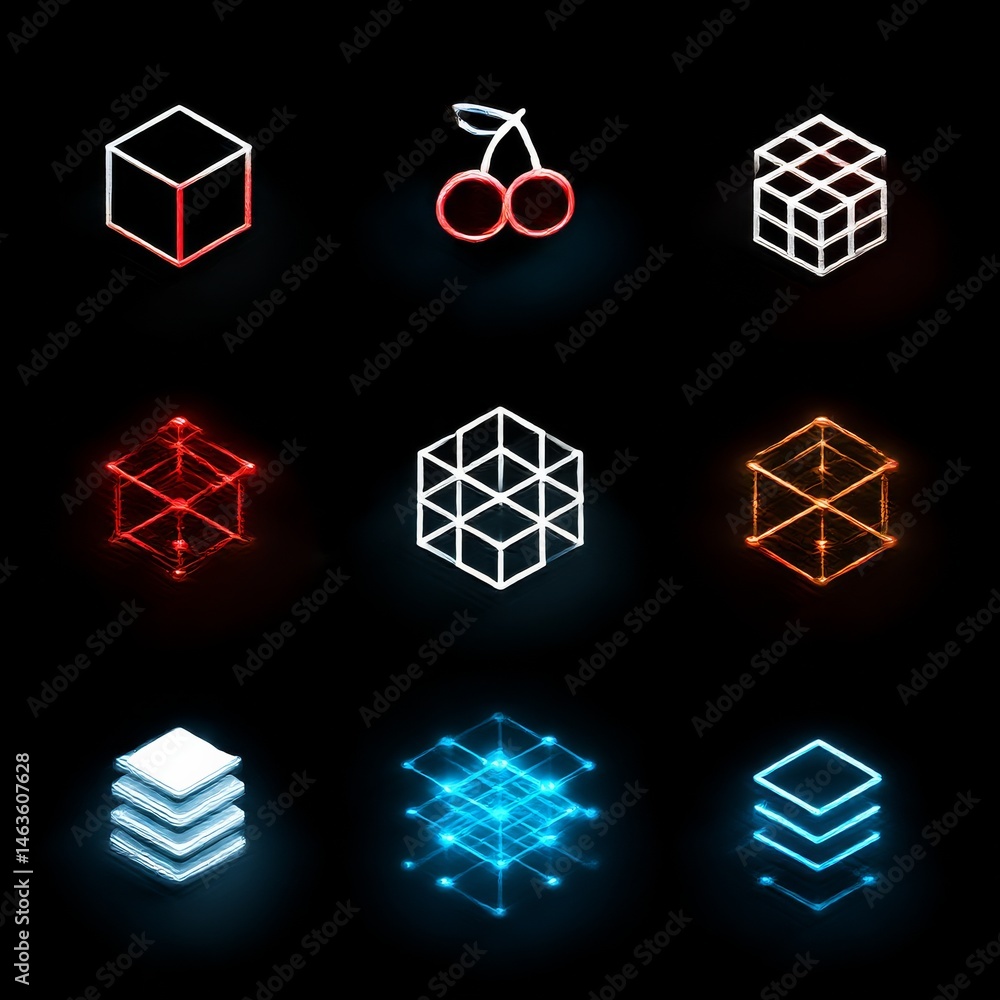 Poster neon geometric abstraction: glowing cubes, cherry, and stacked shapes on a black background