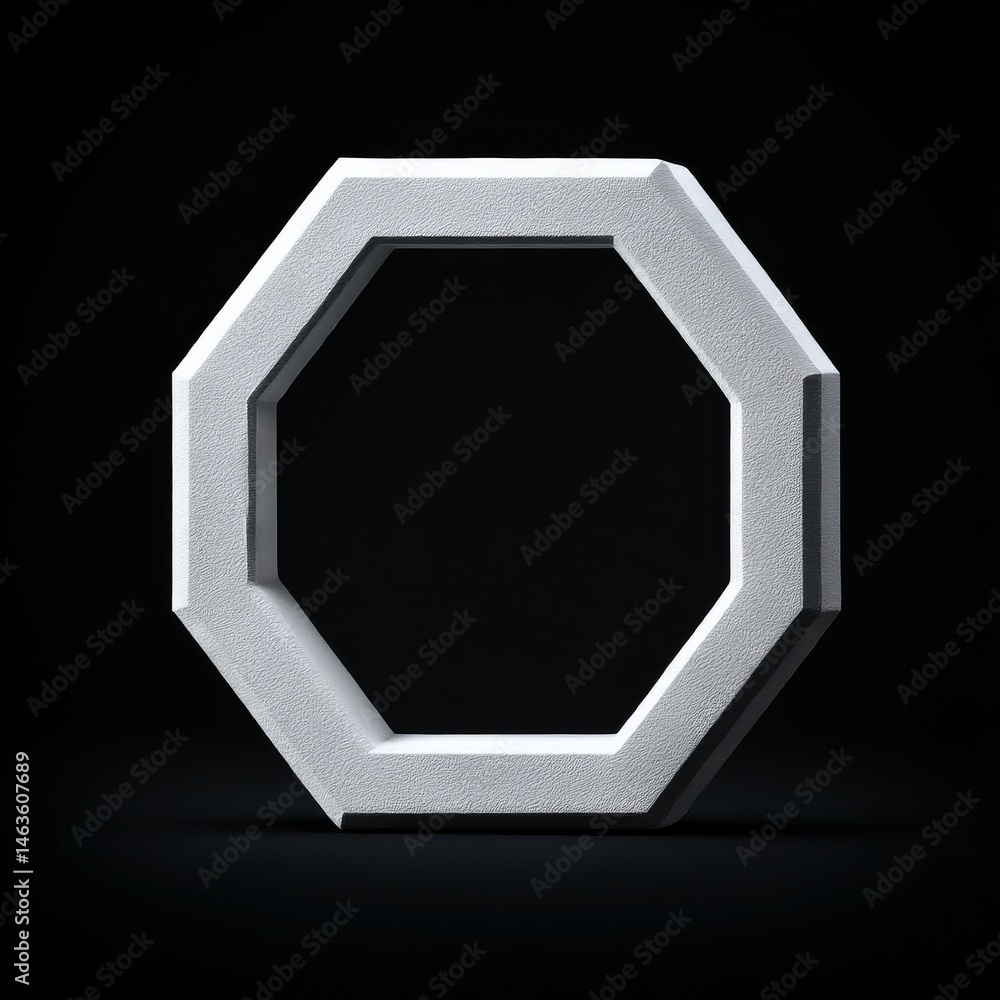 Poster octagon frame: 3d render of a simple white geometric shape with rough surface texture on black backg