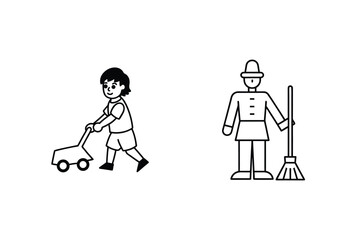 Simple black and white illustration of a child and a service person with cleaning equipment