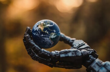 Photorealistic image of a robot holding a miniature Earth model in its hands
