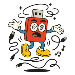 Dizzy USB Drive Cartoon Surrounded by Cables