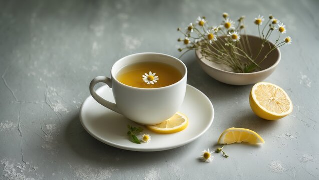 Healthy detox herbal tea with chamomile, lemon, and ginger in a white cup on a light background with dry flowers, leaves, and a sense of relaxation.