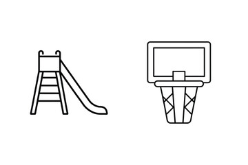 Simple outline illustrations of playground equipment including slide and basketball hoop on white background