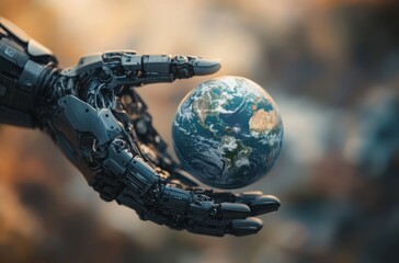 Photorealistic image of a robot holding a miniature Earth model in its hands