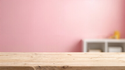 Empty wooden table with blurry baby room background, for design and decoration concepts