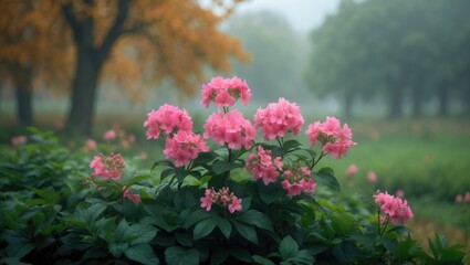 Obraz premium Seasonal Beauty in the Park: Fall Foliage, Amber Trees, and Misty Autumn Mornings