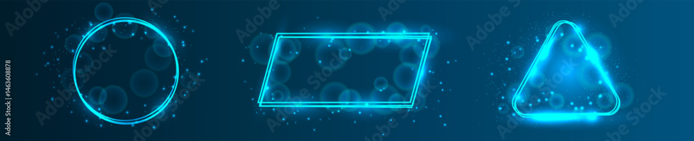 Poster set of three neon frames with shining effects and sparkles