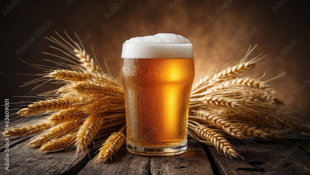 Poster front view of a beer mug with wheat on a brown background for advertising purposes