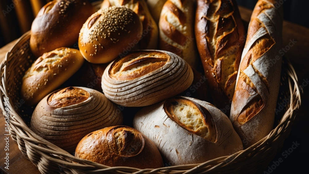 Poster top view of mixed fresh bread as background featuring rustic loaves