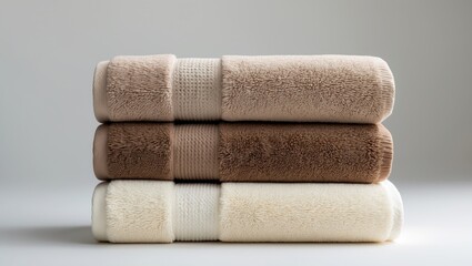 Brown and beige bath towels arranged in a stack isolated