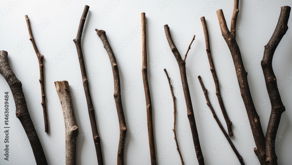 Poster isolated set of weathered twig and bough elements on white surface