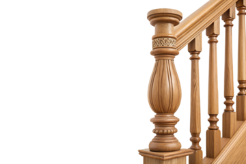 Elegant Oak Staircase with Carved Post and Spindles Against a Neutral Background