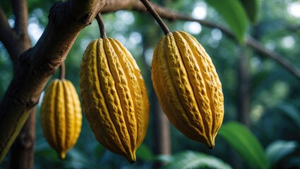 Ripe cacao fruits hanging from cacao trees in the garden