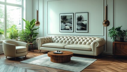 Fototapeta premium Elegant living room interior design with beige furniture.
