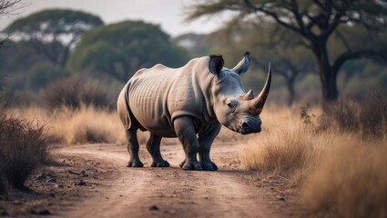 Fototapeta premium National park scene featuring Southern white rhinoceros and lions; Ceratotherium simum simum and Panthera leo present