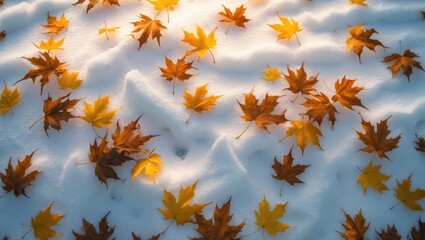 Detailed view of yellow leaves on snow highlighting seasonal beauty and natural scenery