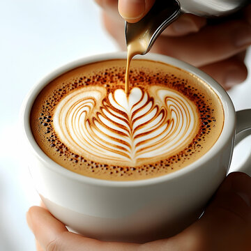 Close up of latte art being poured into a white coffee cup