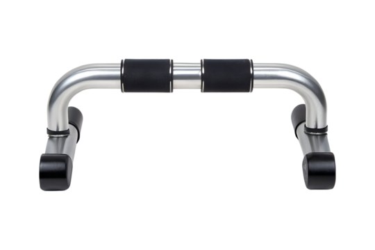 Isolated push up bars featuring aluminum tubing with padded handles and black feet