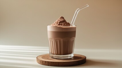 Delicious chocolate shake with protein powder and straw, perfect for fitness and nutrition