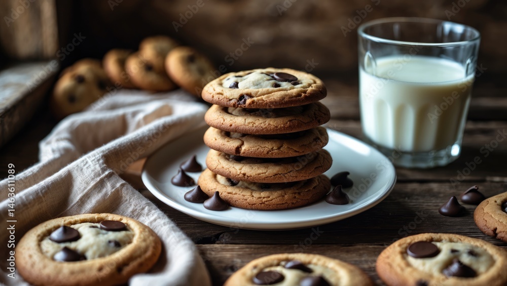 Poster Freshly baked chocolate chip cookies displayed on a table with space for text and accompanying drinks