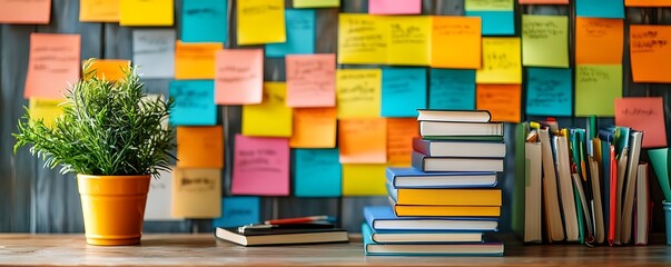 Obraz premium Workspace featuring potted plant, stacked books, notebooks, and colorful notes on a gray wall backdrop
