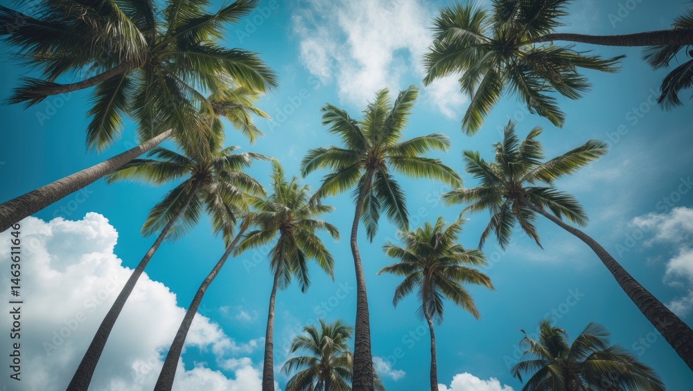 Poster upward shot of palm trees under a clear sky with fluffy clouds