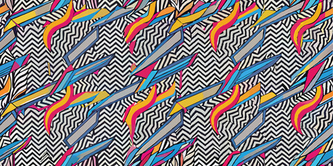 Obraz premium Abstract seamless pattern with colorful shapes and zigzag background illustration graphic design