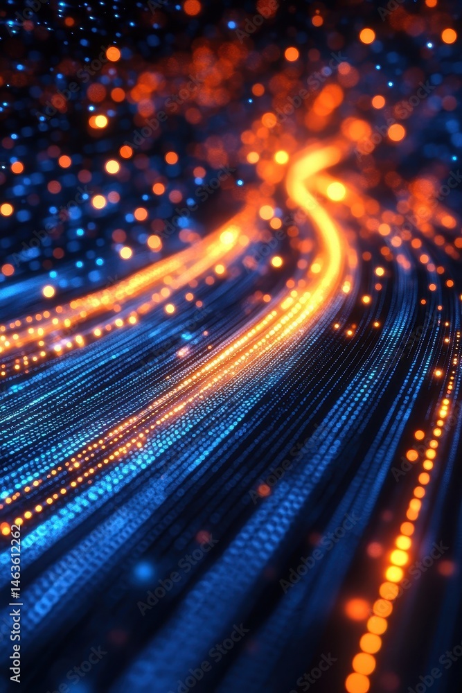 Aufkleber abstract data stream visualization with orange and blue light streaks on dark background macro shot