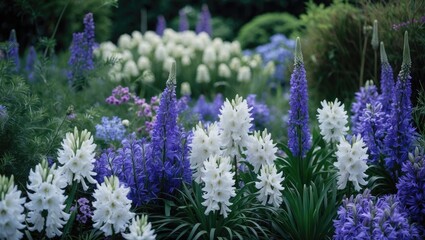 Obraz premium Wildflower garden scene showcasing white and blue flowers in a panoramic view