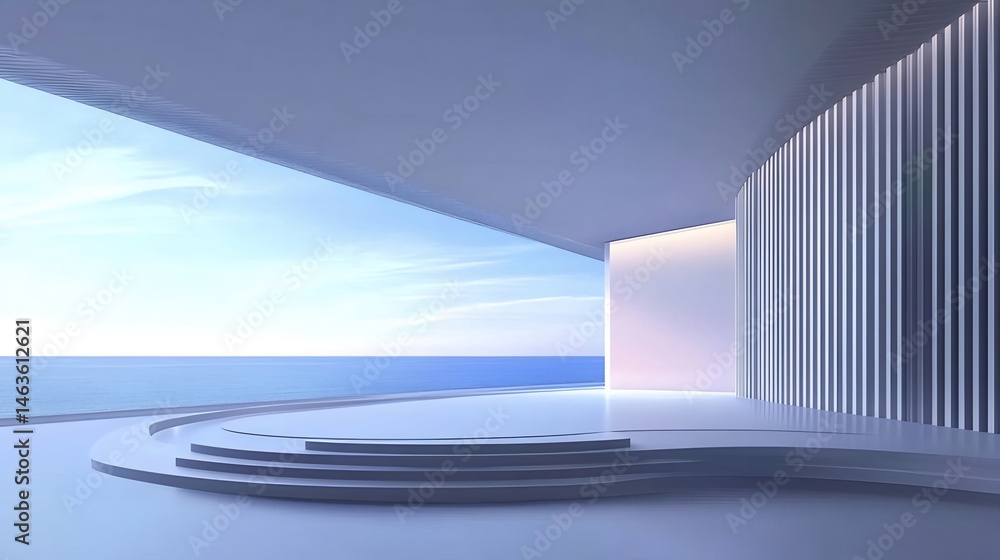 Aufkleber 抽象的な建築デザインと青い空と海の背景のミニマルな海岸線 未来的な白い曲線構造と階段がある屋外パノラマの静かな風景