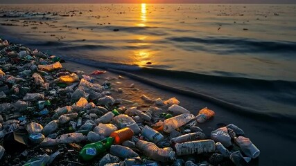 Plastic pollution impacts coastal beauty at sunset as litter covers the shoreline