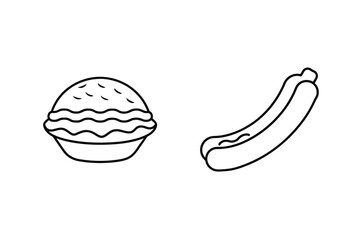 Outlined pie and hot dog simple black and white food illustrations for various culinary concepts