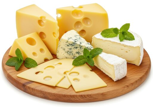 Assorted cheeses on a wooden board, including swiss, brie, and blue cheese, garnished with fresh mint leaves
