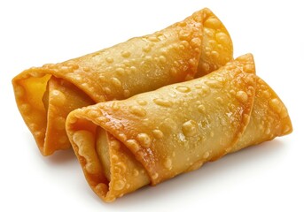 Two golden fried egg rolls sit side by side against a plain white background in a close-up shot